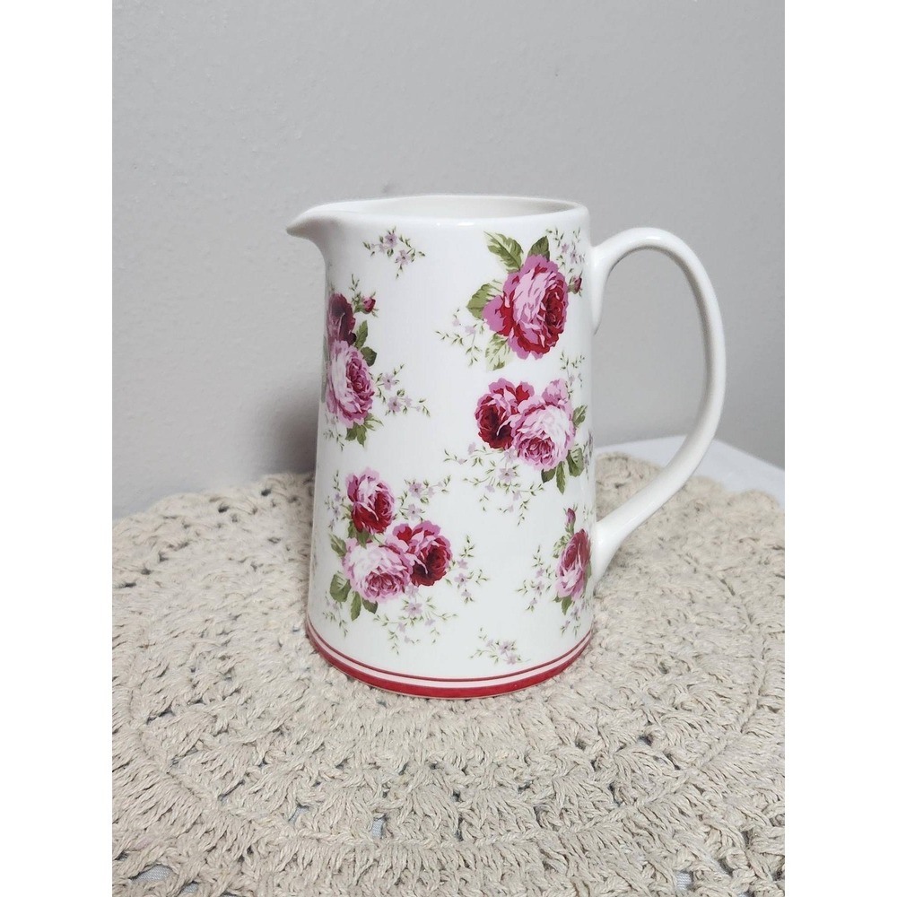 Grace Fine Porcelain Floral Rose Pitcher White Pink Shabby Chic Cottagecore 6.5"